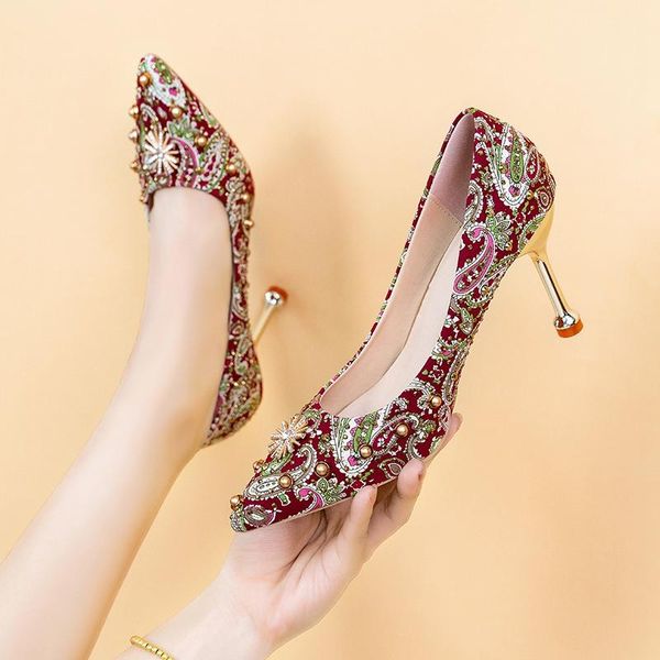 

dress shoes 2021 spring and autumn vintage embroidered cloth with fine heel rhinestone pointed single shoe rivet shallow toe, Black