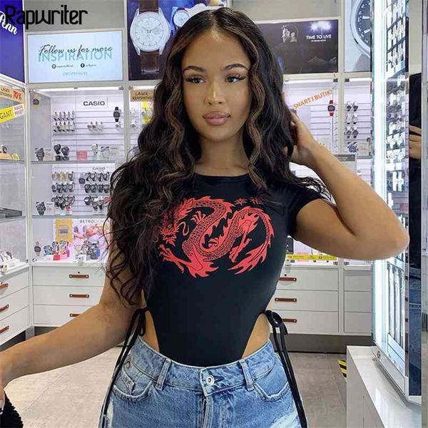 

skinny dragon print high waist bodysuits women drawstring short sleeve sheer open crotch romper body mujer 210510, Black;white