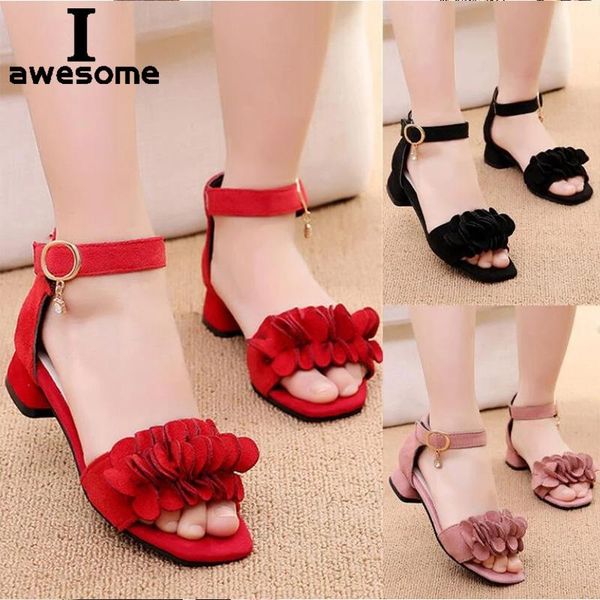

sandals summer kids leather shoes girls wedding dress children princess flower for casual dance flat, Black;red