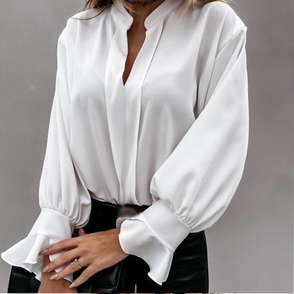 

women's blouses & shirts long flare sleeve ruffled autumn white deep v-neck loose female blouse trend fashion office ladies