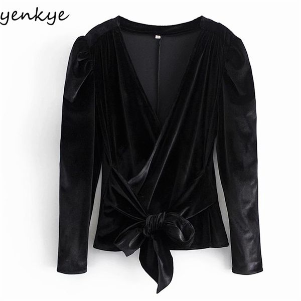 

fashion women vintage black velvet blouse femme cross v neck long sleeve wrap spring autumn blusas 210514, White