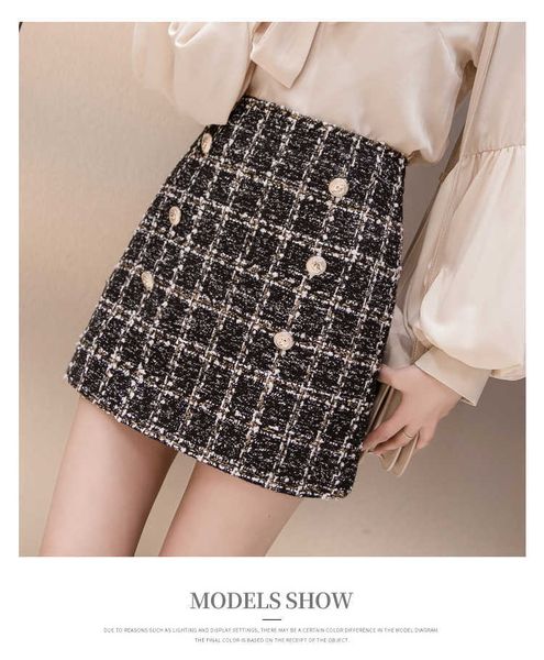 

small fragrance woolen mini women skirts 2019 winter women vintage plaid gold double-breasted tweed a-line skirt high waist femininas, Black
