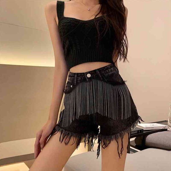 

tassel high waist denim shorts wide leg streetwear for women jean shorts female summer korean style loose short pants, White;black