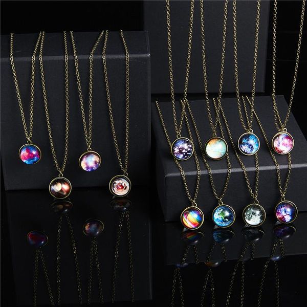 

universe planet glass luminous double-sided retro pendant necklace women men galaxy nebula cosmic art picture jewelry, Silver