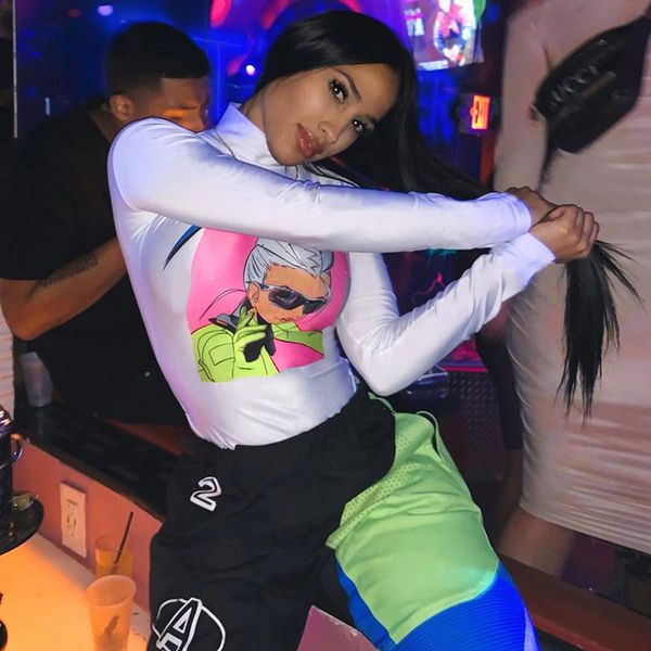 

shestyle white moto biker style bodysuits women high neck cartoon printted pink stunning modern cool body suit 2021 springing, Black;white