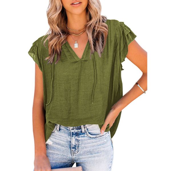 

women's cotton t shirt new ruffle round v neck loose ladies short sleeve clothing 25112789, White