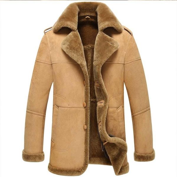 

men's leather & faux genuine jacket for men, winter with military wool, royal lining, long natural, warm, Black