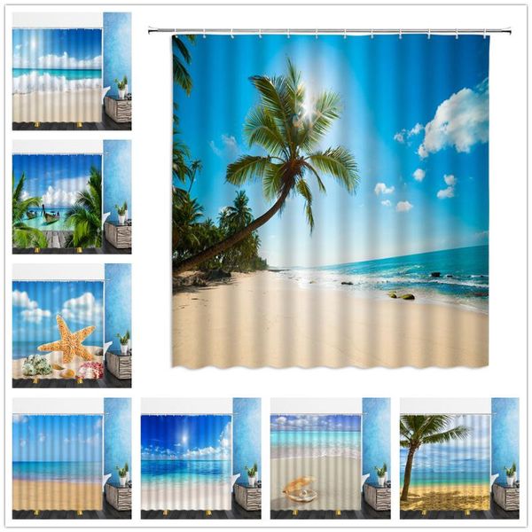 

summer beach landscape shower curtains shell starfish waves coconut tree bathroom home decor waterproof polyester cloth curtain