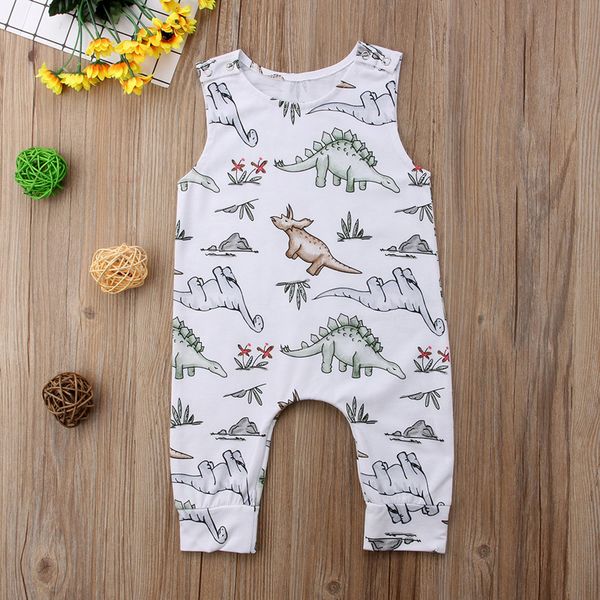 

toddler baby boy / girl clothes sleeveless dinosaur romper jumpsuit outfits, White