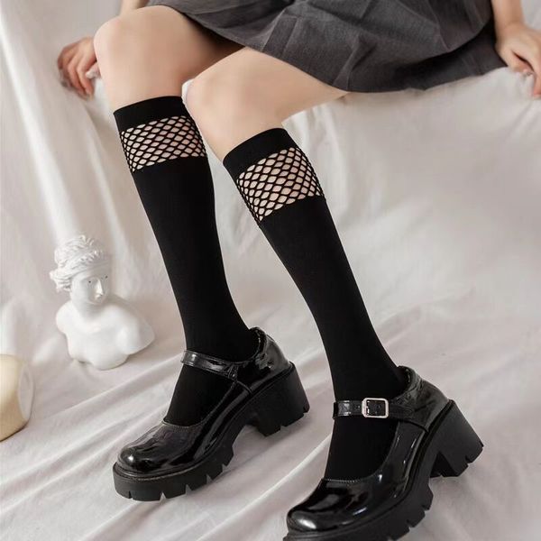 Desenhos meias longas mulheres meias moda fishnet joelho sock meia fofo doce meninas campus estudante malha preto harajuku meias góticas