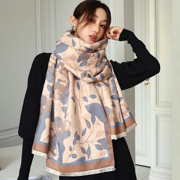 

scarves 2021 women cashmere shawls wraps winter scarf female floral print foulard pashmina large double-sided thick warm blanket, Blue;gray