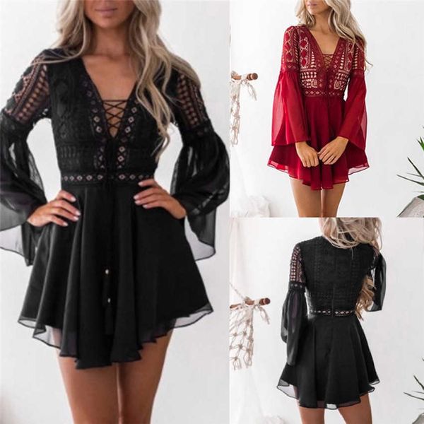 

2021hollow out white women mini chiffon semi-sheer checkered plunge v-neck long sleeve crochet lace dress black, Black;gray
