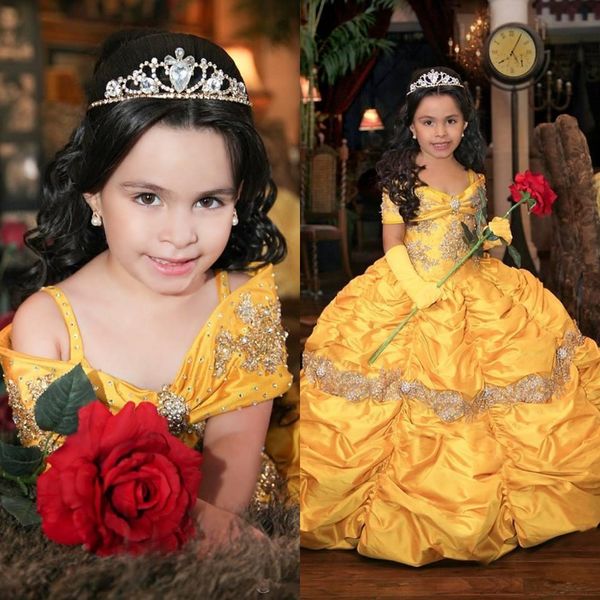 Giallo Principessa Retro Cascading Ruffles Girls Abiti per perle di cristallo da perle di cristallo a maniche corte TAFFETA FLOWH FLOWER GIRL Abito abito di compleanno 403 403