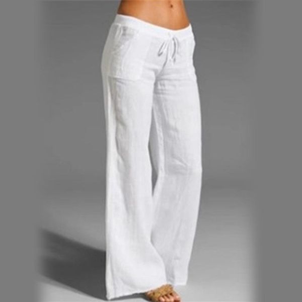 

women's pants & capris women vintage wide leg autumn linen high-waist fashion oversized long trouser casual elastic waist solid pantalo, Black;white