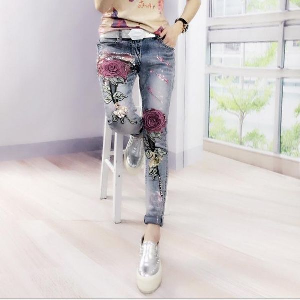 

women's jeans womens stretch sequins slim spring autumn beading elegant pants flower print j3031, Blue