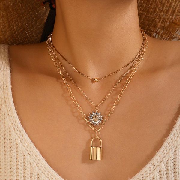 

huatang crystal daisy pendant necklace for women multilayer punk gold heart lock charming clavicle chain choker female jewelry necklaces, Silver