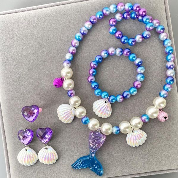 Ohrringe Halskette 4 Teile/satz Candy Perlen Harz Kunststoff Kinder Schmuck Set Für Kinder Blumen Anhänger Niedlichen Armband Ring Baby Jewel