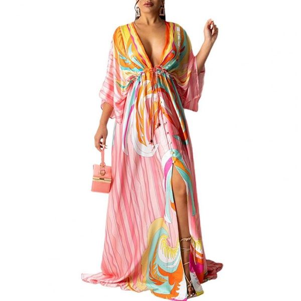 

casual dresses maxi dress women summer gorgeous print deep v floor length slit hem beachwear long party elegant black xxl vestido, Black;gray