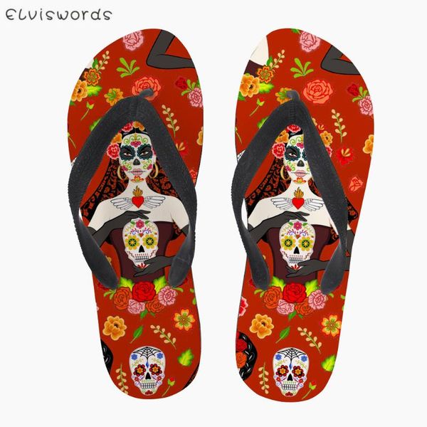 

slippers elviswords day of the dead gothic girls printed ladies flip flops slipper summer outdoor women beach non-slip flop, Black