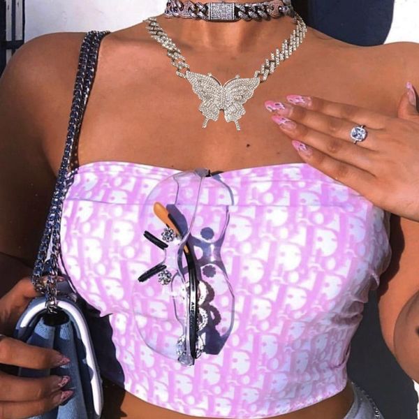 

chains iced out 40cm length cuban link chain with butterfly pendant rhinestones necklace for women choker jewelry, Silver