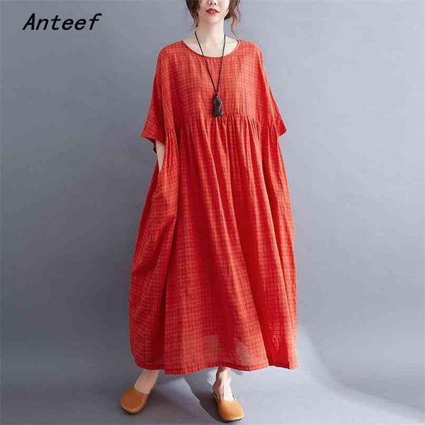

short sleeve plus size cotton vintage plaid dresses for women casual loose long woman summer dress elegant clothes sundress 210517, Black;gray