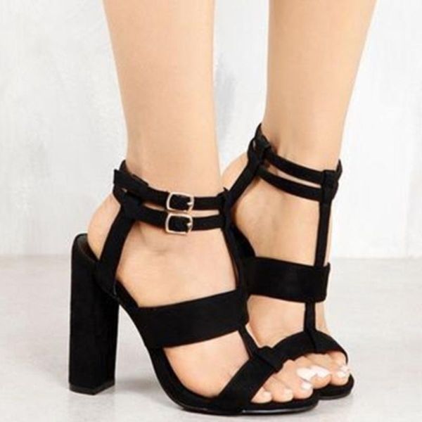 

women high heels design strap buckle summer sandals lady party square ankle sandal super 8 cm up, Black