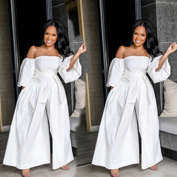 

rompers white off the shoulder broad-legged overalls loose puff sleeves with waistband lady fashions feminine spring summer playsuits ykiq, Black;white