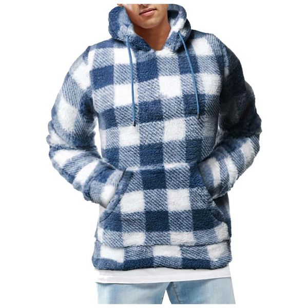 

men's hoodies & sweatshirts winter hooded sweatshirt plaid printing big pocket teddy fleece fluffy pullover hoodie mens plus size warm, Black