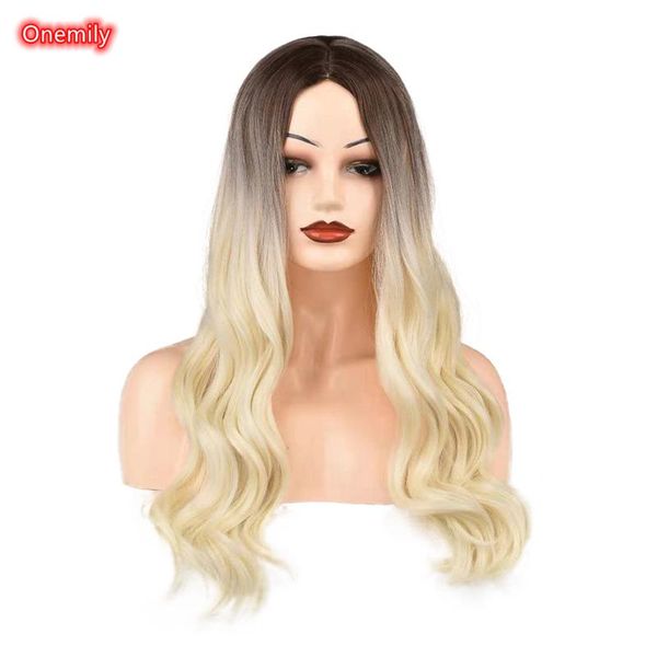 

synthetic wigs onemily ombre light blonde long curly wavy middle part soft heat friendly natural looking for daily wear, Black