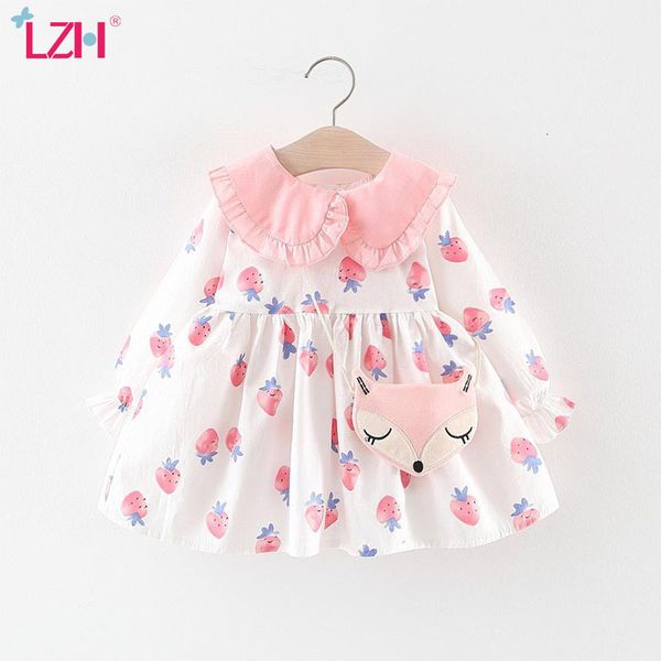 

girl's lzh autumn printing strawberry llittle fox cotton cute dresses for baby girls infant dress children clothes 0-4 years 1027, Red;yellow