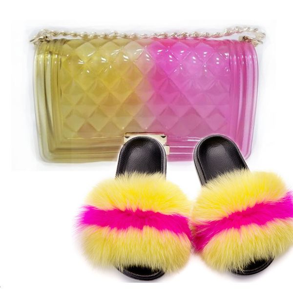 

sandals women's slippers suit leather fox fur slide rainbow frozen belt bag handbag oicx, Black