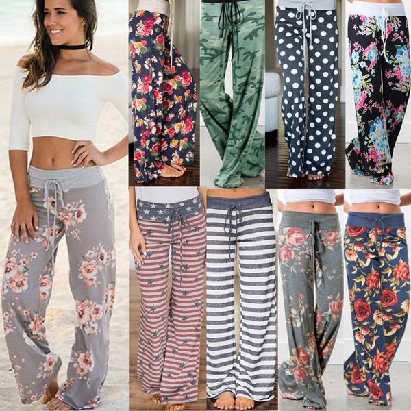 

women's pants & capris leosoxs spring autumn loose beach fashion floral print drawstring wide leg ladies long sweatpants plus size, Black;white