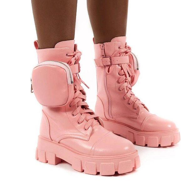 

boots plus size women platform pocket mid-calf shoes autumn winter chunky heels botas mujer wsh3775, Black