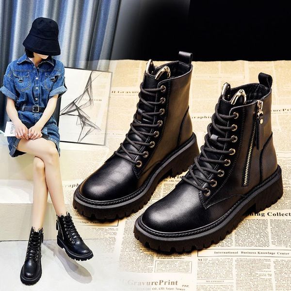 

boots women genuine leather autumn winter punk gothic lace-up ankle platform motocycle boot comfy light botas femininas 2021, Black