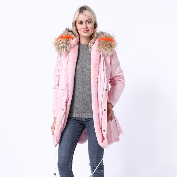 

new women's mid-length parka coat with stars and fox and raccoon fur liner, Black
