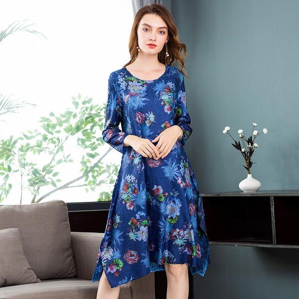 

casual dresses high-end high-quality digital flower dress pleating process round collar pendulum miyake pleated ship, Black;gray