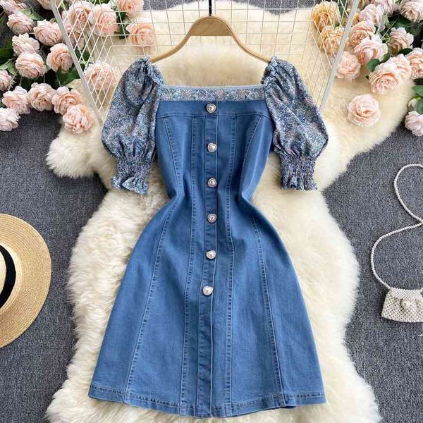 

fabpop summer short puff sleeve square collar buttons high waist blue denim dress women streetwear gb413 210709, Black;gray