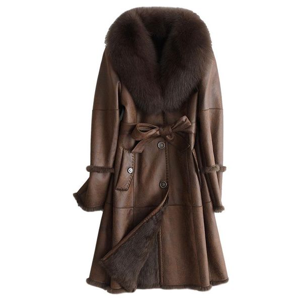 

women's fur & faux real coat female 2021winter clothes women v-neck collar korean style luxury warm middle jackets ropa de mujer, Black