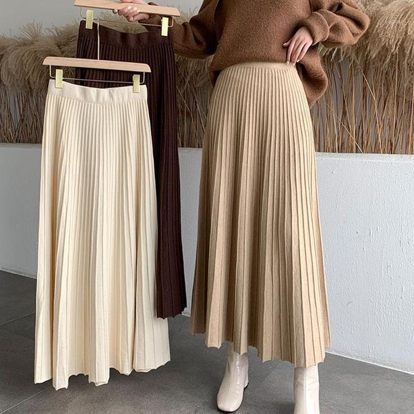 

knitted long midi skirts women elastic waist thicken elegant autumn winter a-line knitwear striped casual harajuku vintage z033, Black