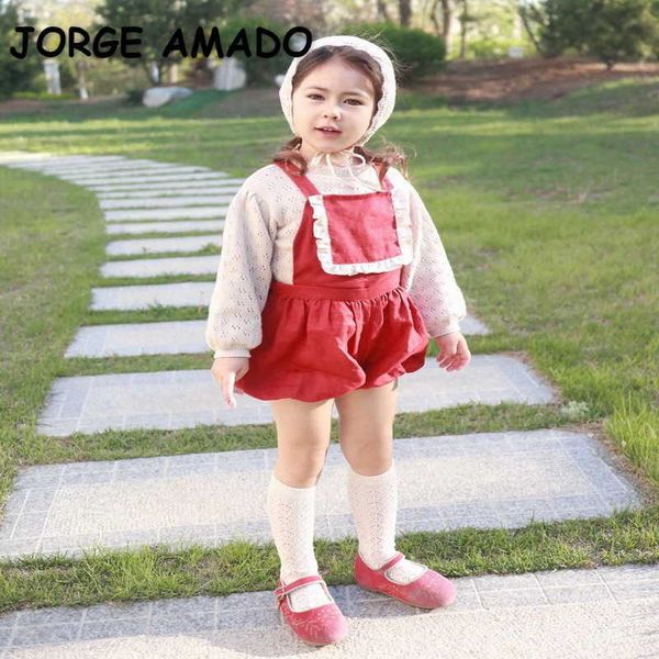

spring kids girls 2-pcs sets floral long sleeves shirts+red overalls shorts sweet style children outwear clothes e1013 210610, White