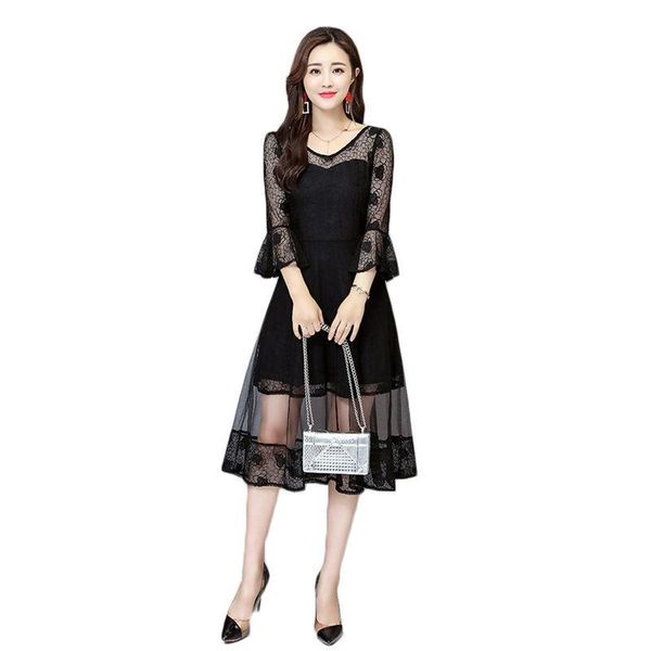 

casual dresses -5xl korean robe hollow lace mesh patchwork dress 2021 summer large size ladies long party slim fashion vestido f580, Black;gray