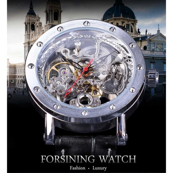 lmjli-Forsining Silberne Skelett-Armbanduhr, schwarzer roter Zeiger, schwarzer Echtledergürtel, Automatikuhren für Herren, transparente Uhr, Herrenuhr