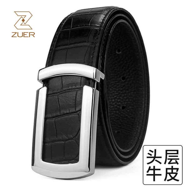 

belts buckles zuer men's head leather crocodile u letter smooth buckle simple, Black;brown