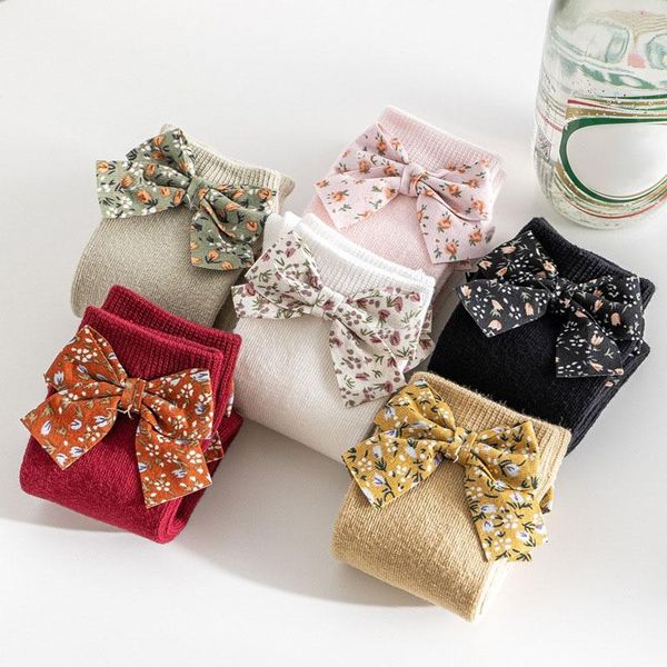 

socks cute bows baby flower printed spring autumn kids girl knee high soft infant toddler long accessories, Pink;yellow