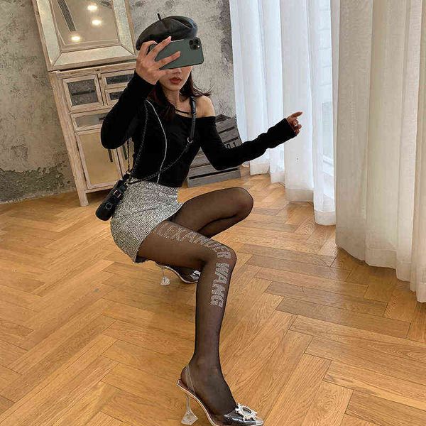 

socks hosiery 2022 autumn and winter brand english letters pop socks fashion personality through the arbitrary cut panti silk stockings, Black;white