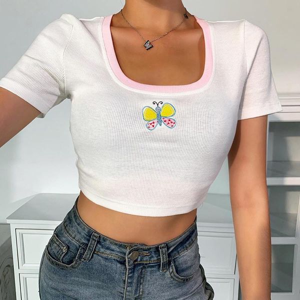 

women's t-shirt ribbed butterfly embroidery women crop tee bodycon streetwear party club 2021 summer clothes fashion cute t shirt, White