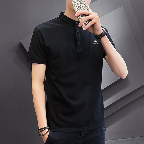 

fashion summer shirt solid mens polo color short sleeve clothes korean style slim fit turn down tees, White;black