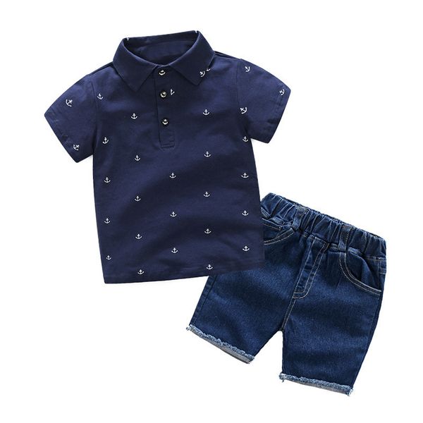 

popular boys' t-shirt short sleeve polo lapel denim shorts batch sale, Blue