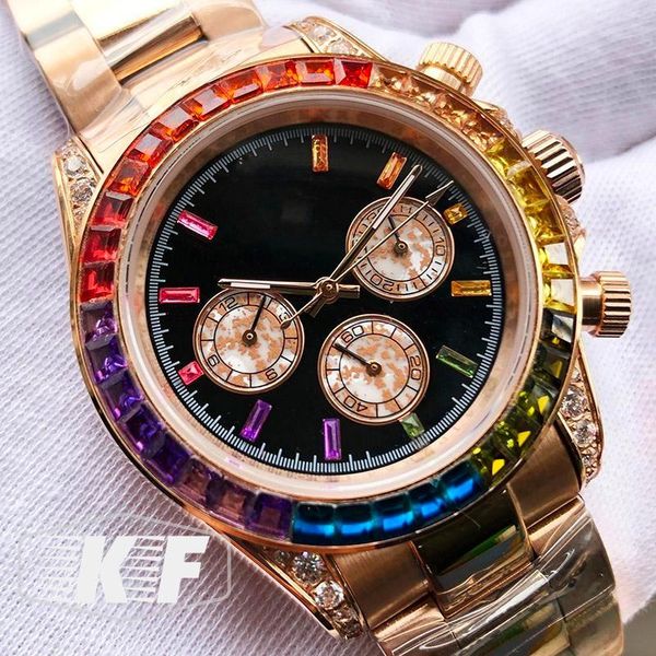 

wristwatches men sapphire crystal rose gold watch luxury automatic mechanical rainbow diamond bezel, Slivery;brown