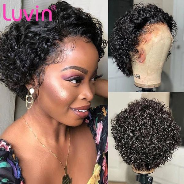 

lace wigs luvin 6inch t part short bob water curly pixie cut wig human hair for women deep wave preplucked bleached knots, Black;brown